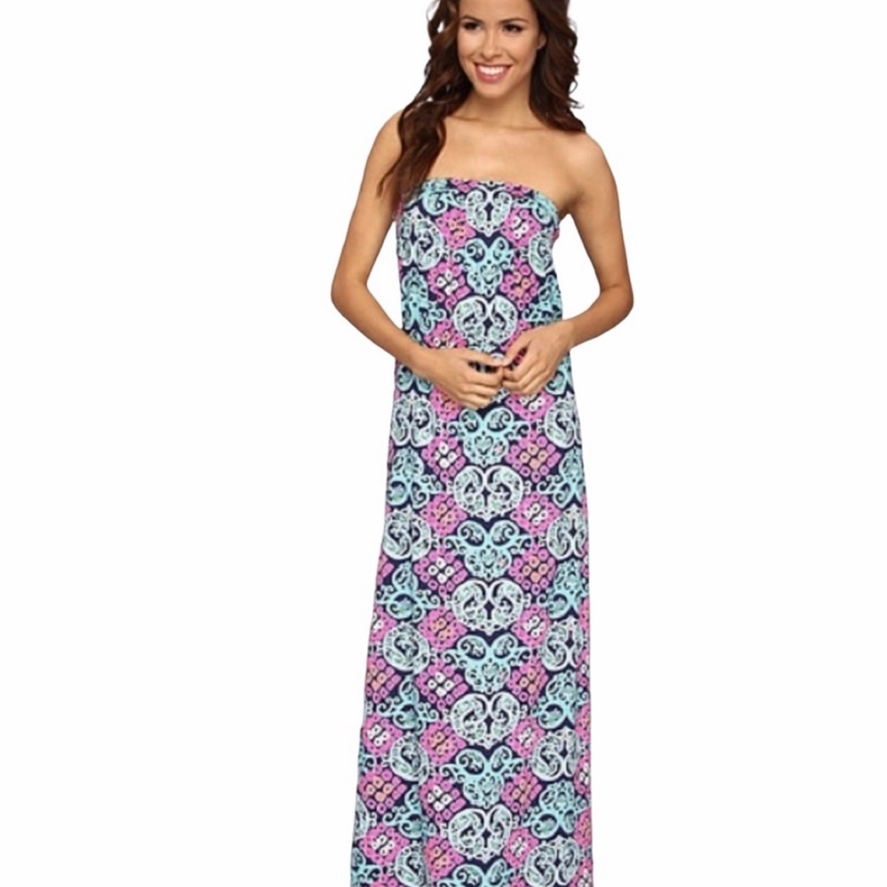 Lilly Pulitzer Marlisa Strapless Maxi Dress Navy Behind the Gate Pattern Size XS